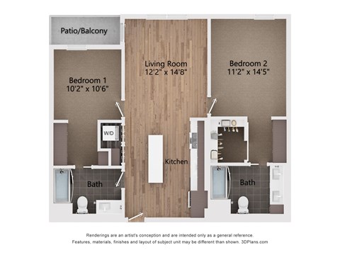 A floor plan of a home with three bedrooms, a living room, a kitchen, and two bathrooms.